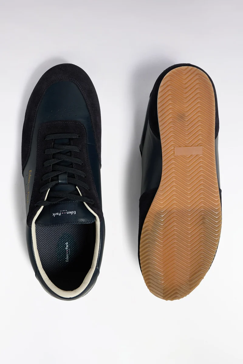 Baskets basses bimatière en cuir et daim marine