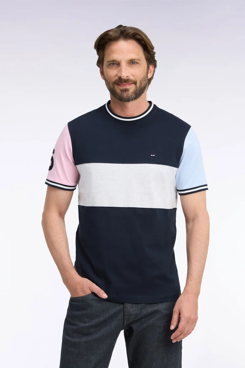 T-shirt manches courtes en coton marine à découpes contrastées coupe droite