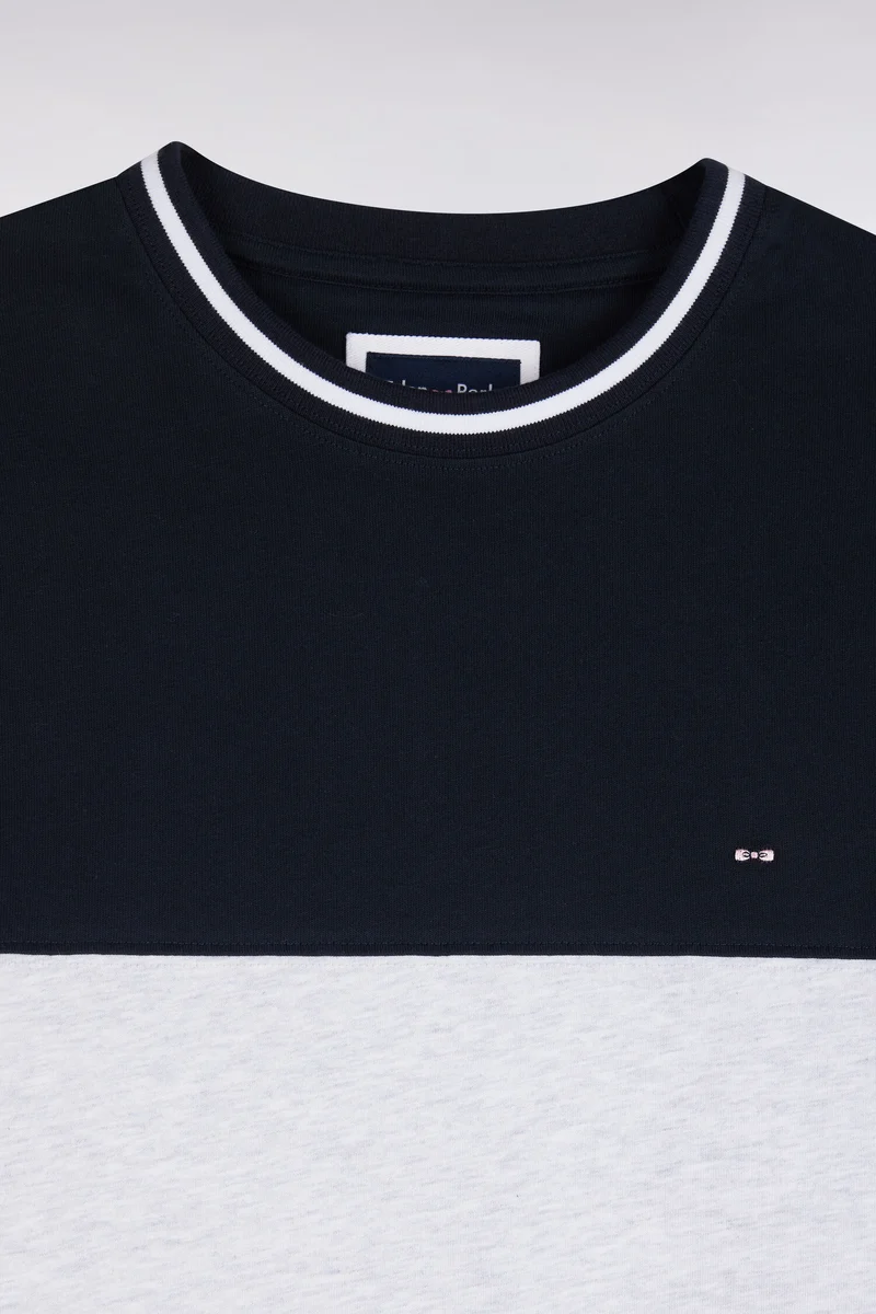 T-shirt manches courtes en coton marine à découpes contrastées coupe droite