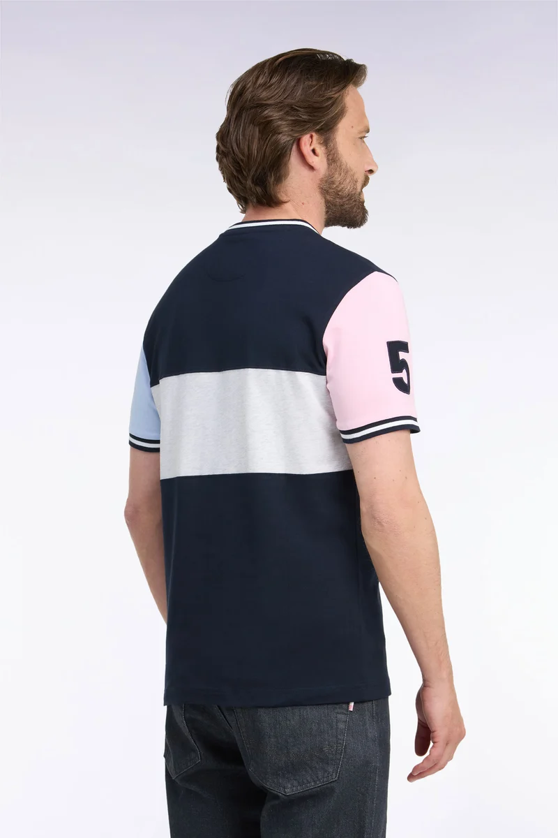 T-shirt manches courtes en coton marine à découpes contrastées coupe droite