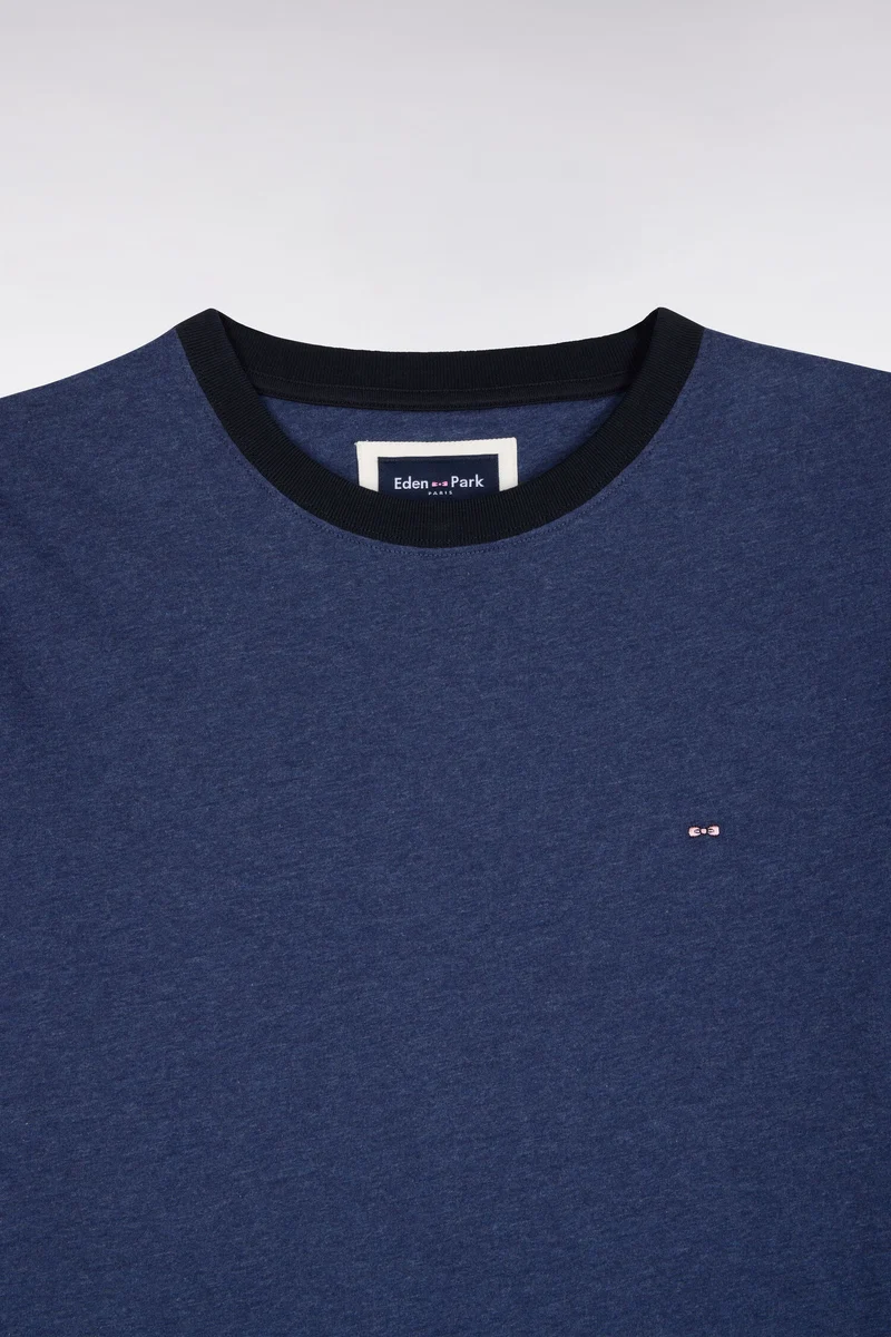 T-shirt manches courtes en coton bleu bords-côtes marine coupe droite