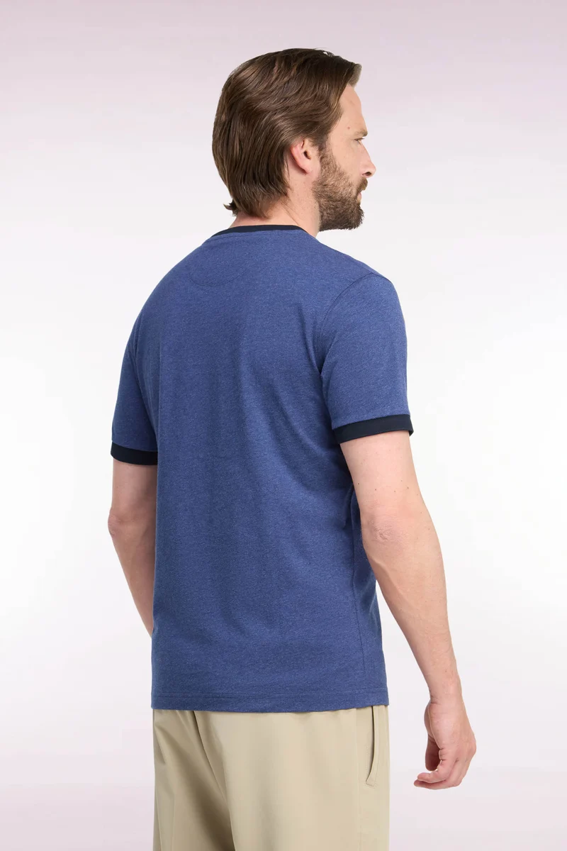 T-shirt manches courtes en coton bleu bords-côtes marine coupe droite