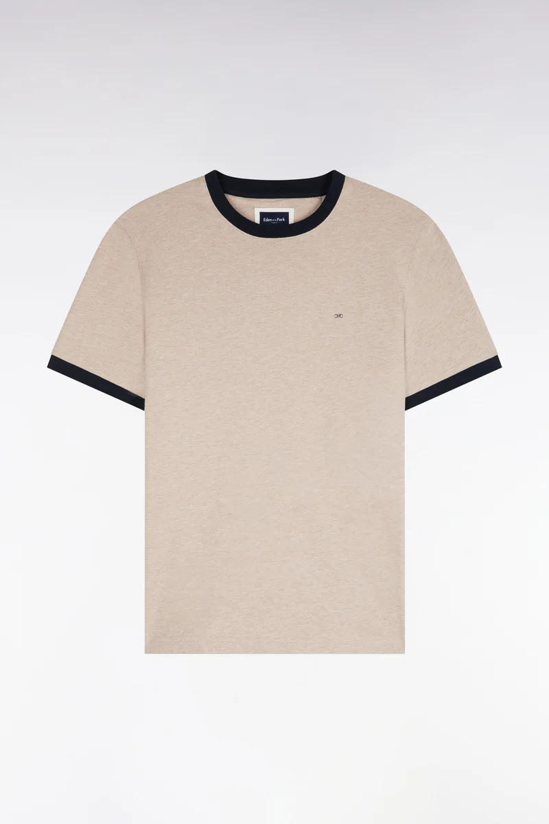 T-shirt manches courtes en coton beige bords-côtes marine coupe droite
