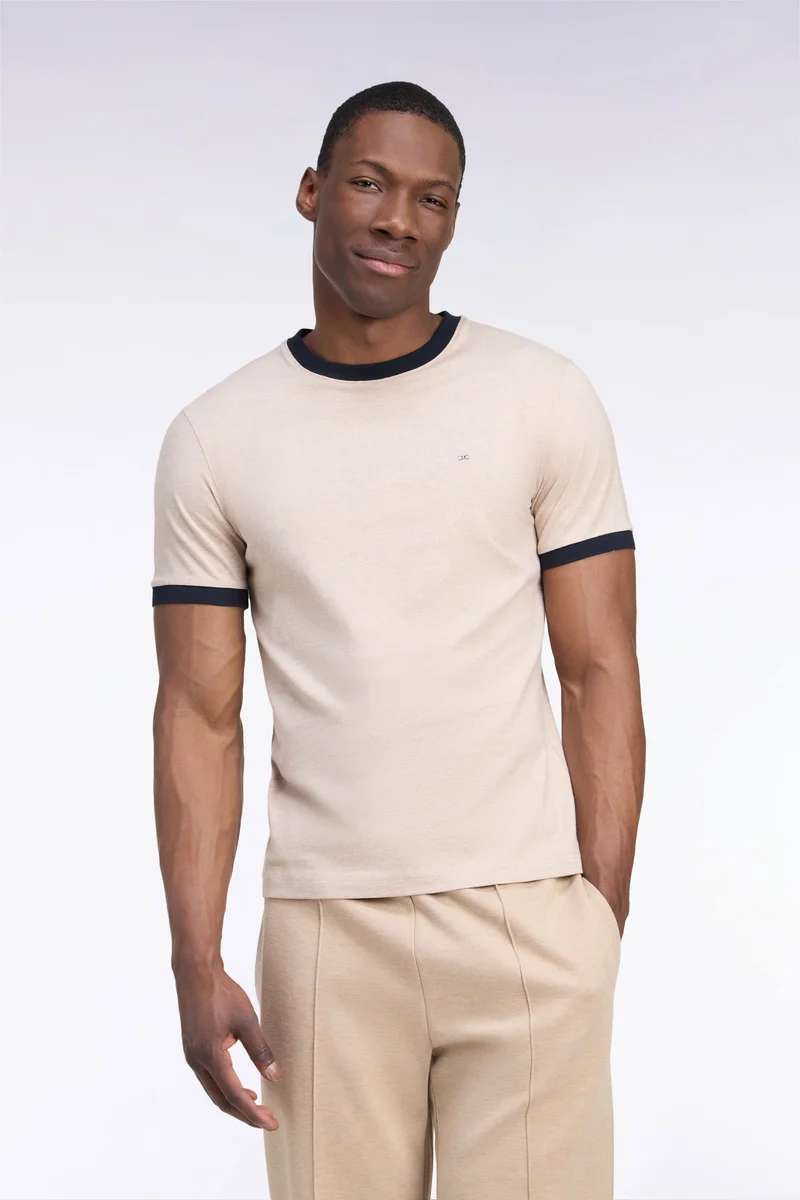 T-shirt manches courtes en coton beige bords-côtes marine coupe droite