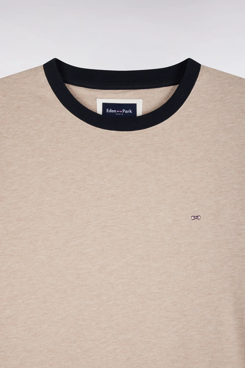 T-shirt manches courtes en coton beige bords-côtes marine coupe droite