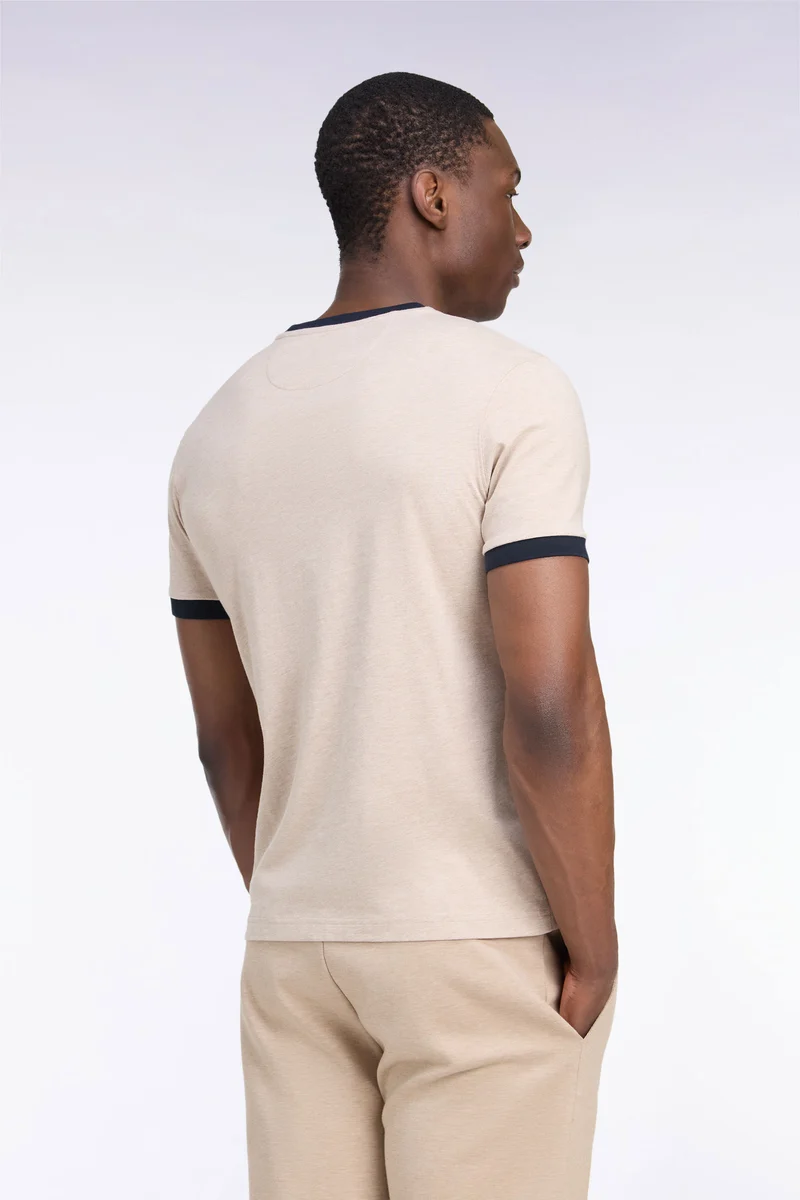 T-shirt manches courtes en coton beige bords-côtes marine coupe droite