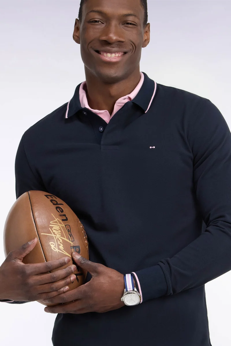 Polo à manches longues en piqué coton marine à liseré rose broderie dos