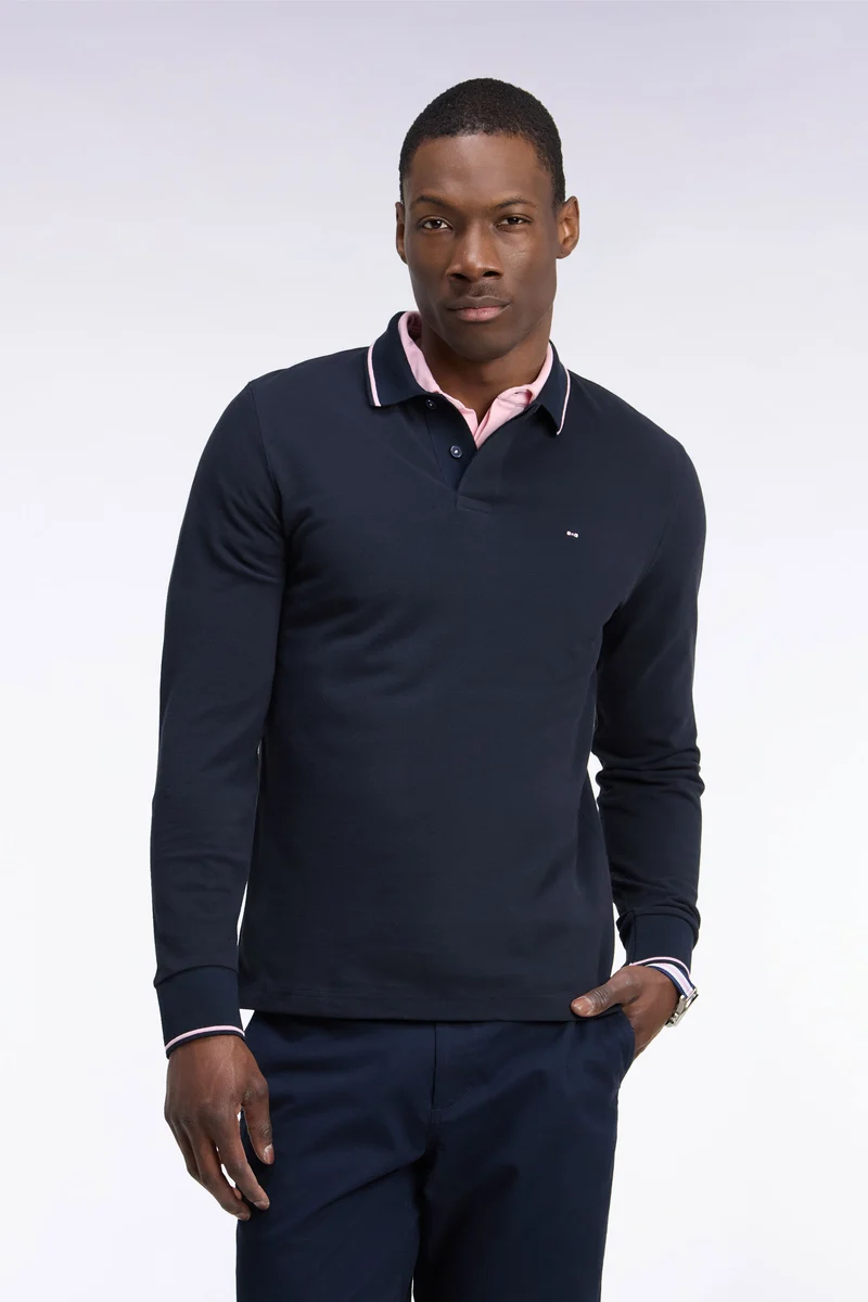 Polo à manches longues en piqué coton marine à liseré rose broderie dos
