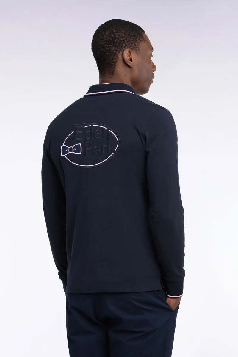 Polo à manches longues en piqué coton marine à liseré rose broderie dos
