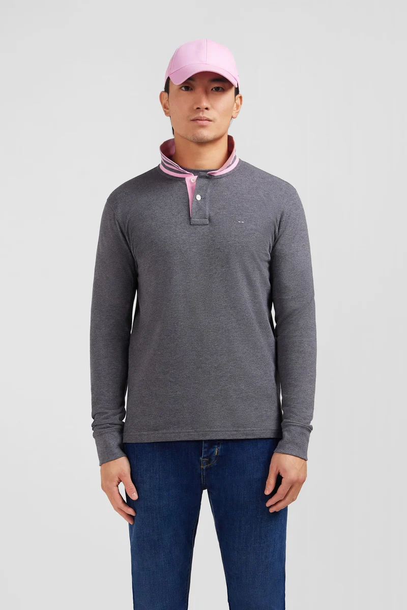 Polo manches longues gris en coton avec col contrasté