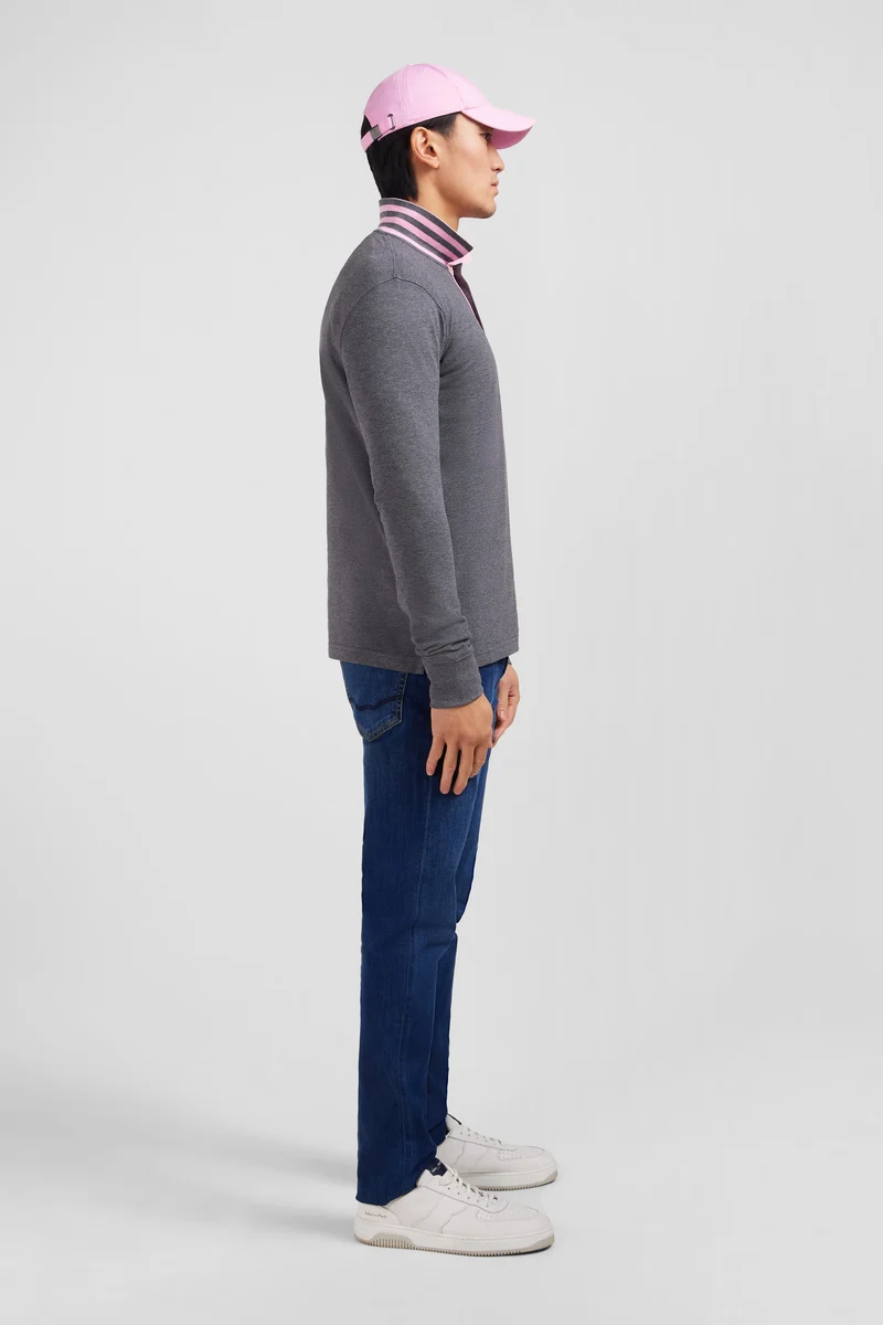Polo manches longues gris en coton avec col contrasté
