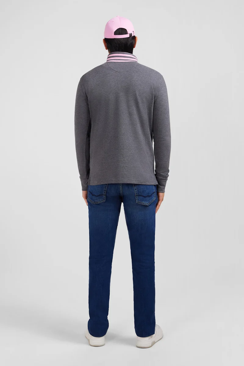 Polo manches longues gris en coton avec col contrasté