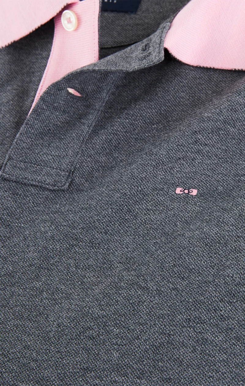 Polo manches longues gris en coton avec col contrasté