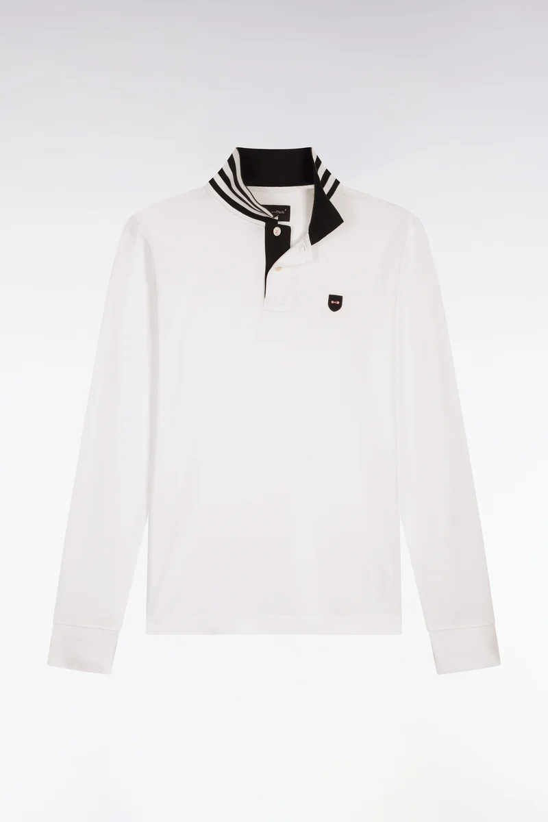 Polo manches longues blanc en coton avec col contrasté