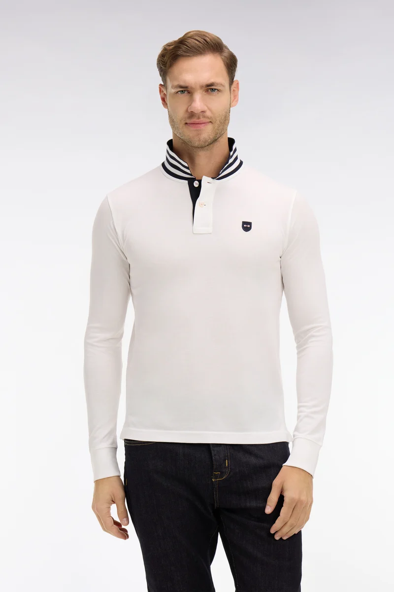 Polo manches longues blanc en coton avec col contrasté