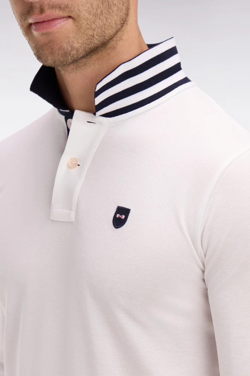 Polo manches longues blanc en coton avec col contrasté