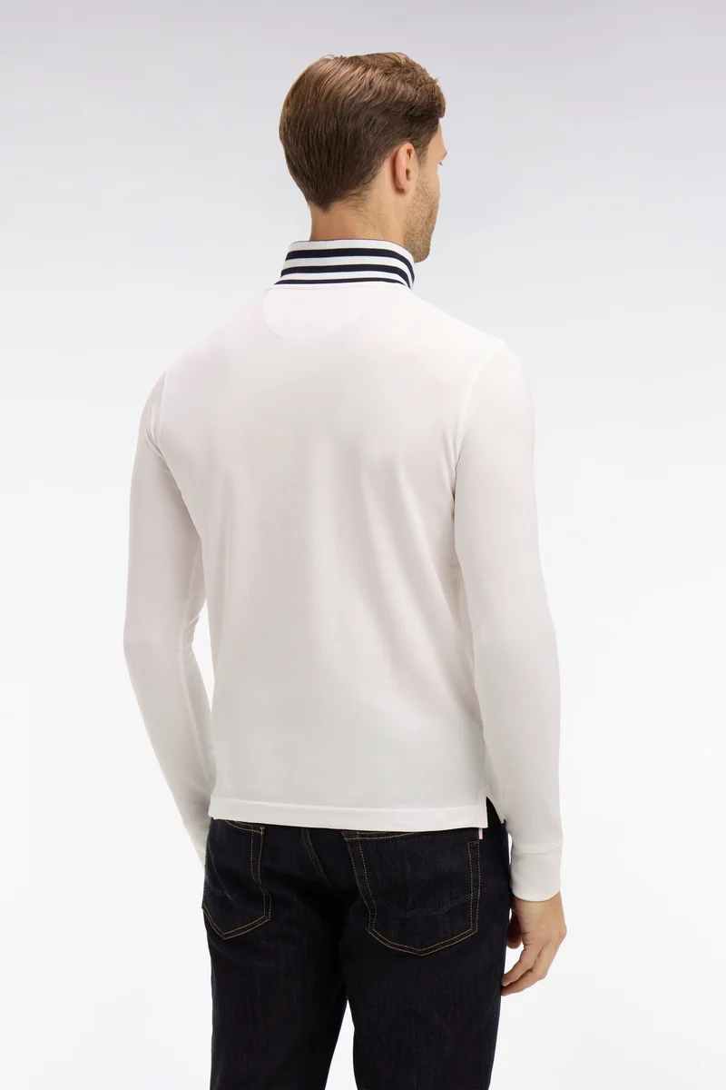 Polo manches longues blanc en coton avec col contrasté