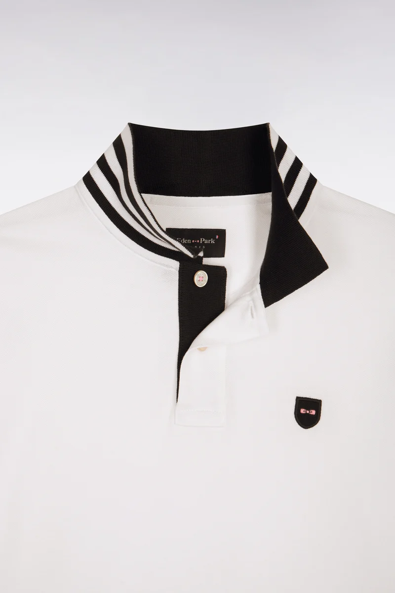Polo manches longues blanc en coton avec col contrasté