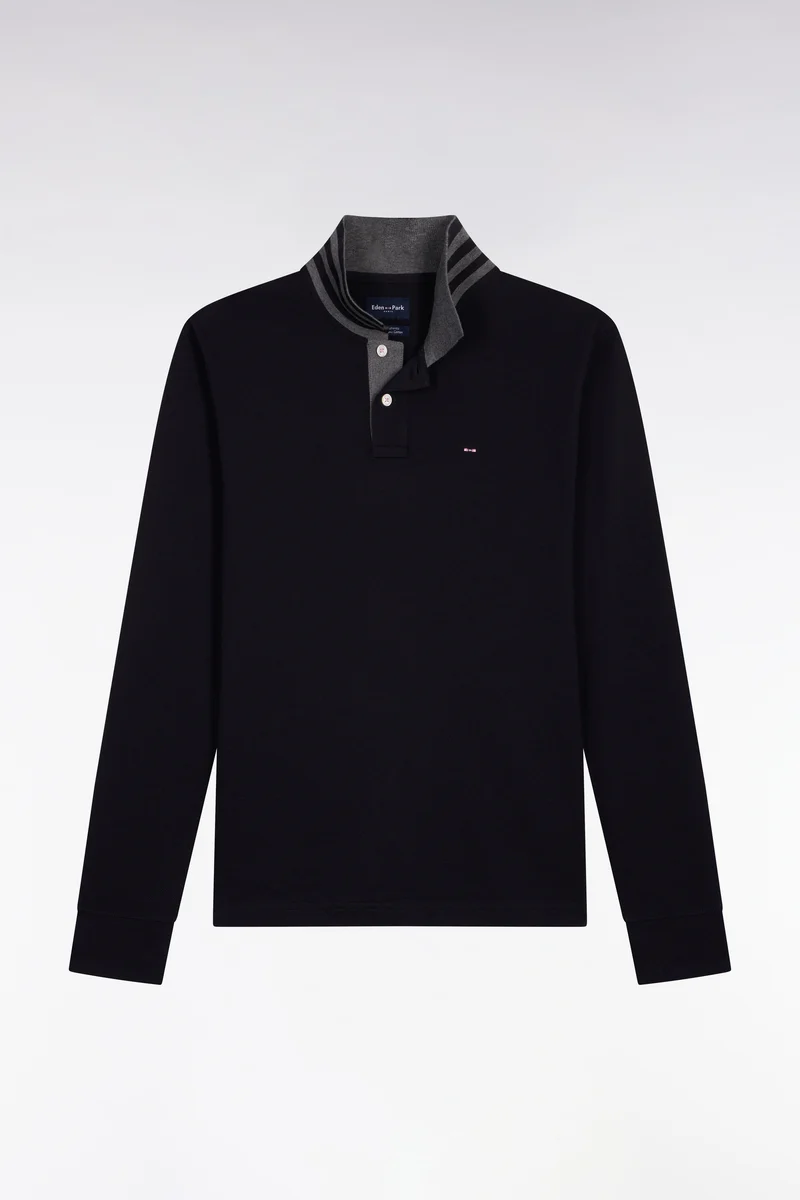 Polo manches longues noir en coton avec col contrasté