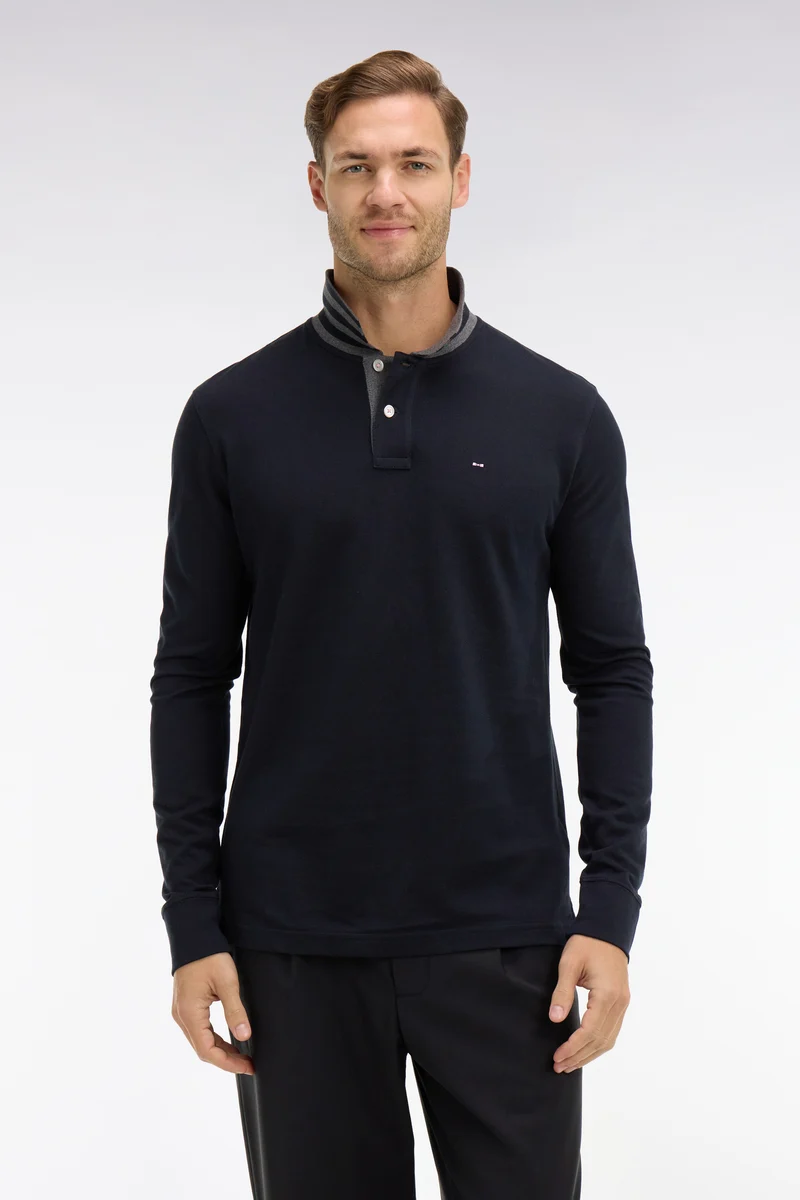 Polo manches longues noir en coton avec col contrasté