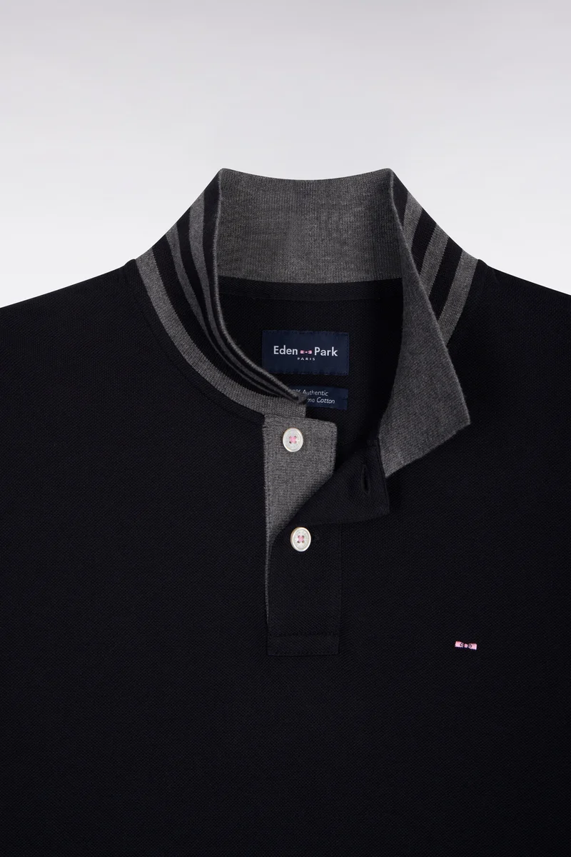 Polo manches longues noir en coton avec col contrasté
