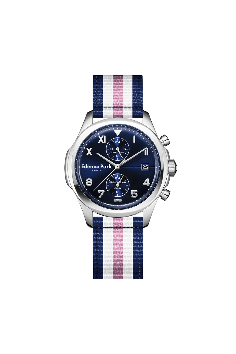 Montre à quartz dual time fond bleu bracelet NATO tricolore
