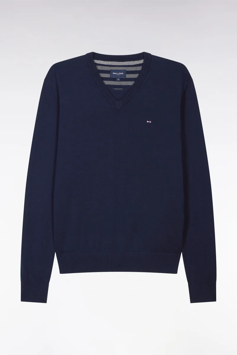 Pull bleu marine à col V en coton