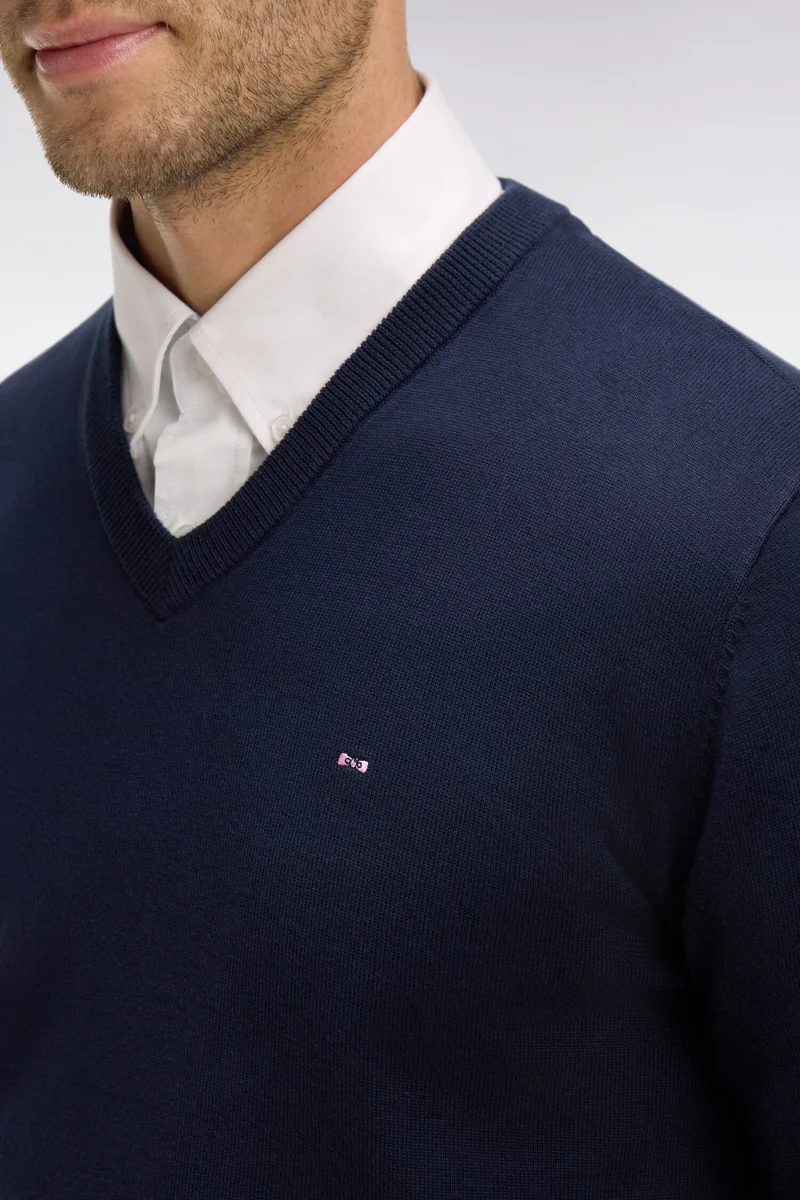 Pull bleu marine à col V en coton