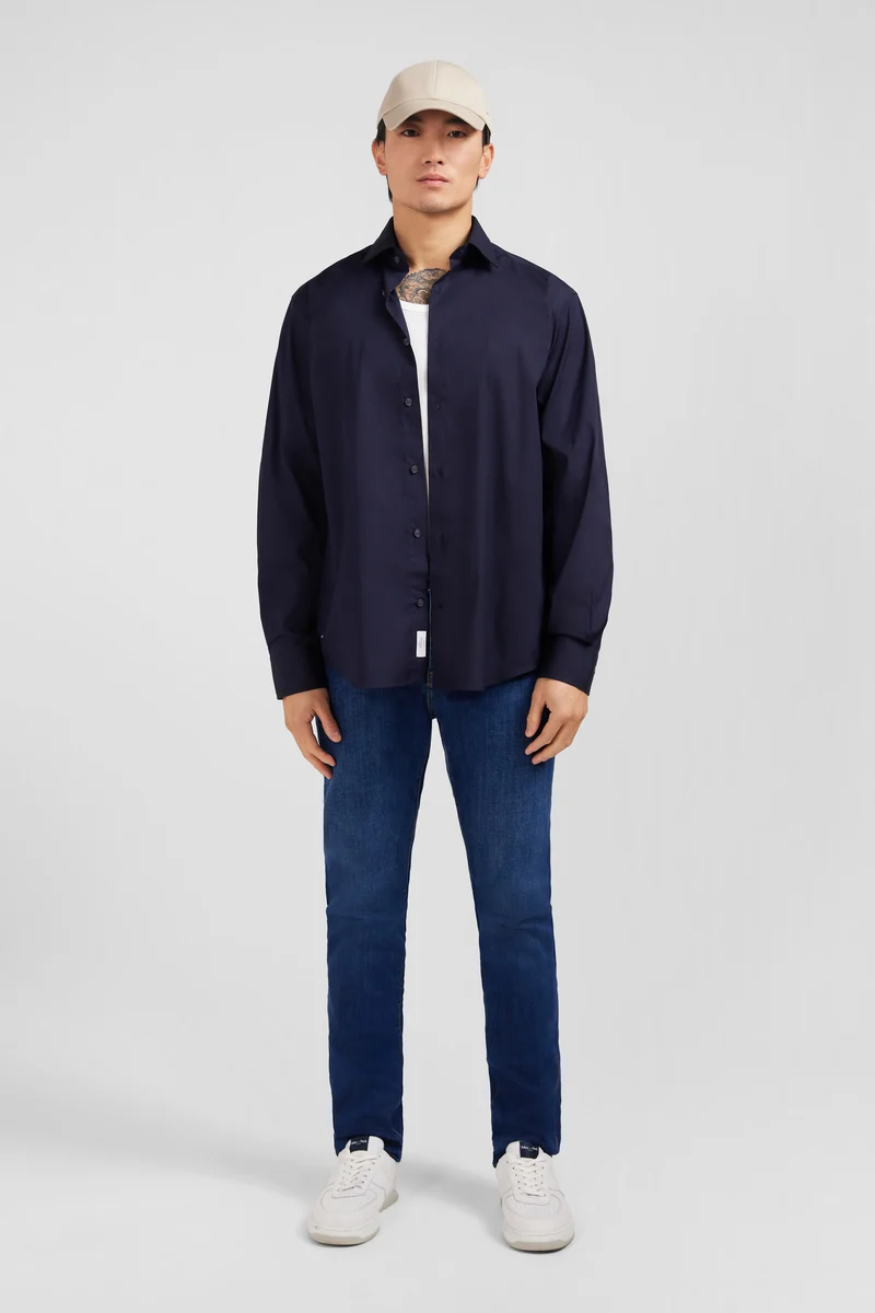 Chemise bleu marine regular en popeline stretch