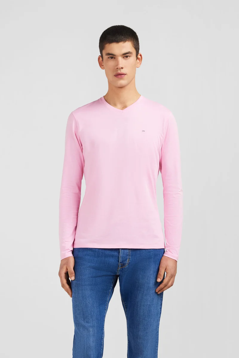 T-shirt rose col V à manches longues