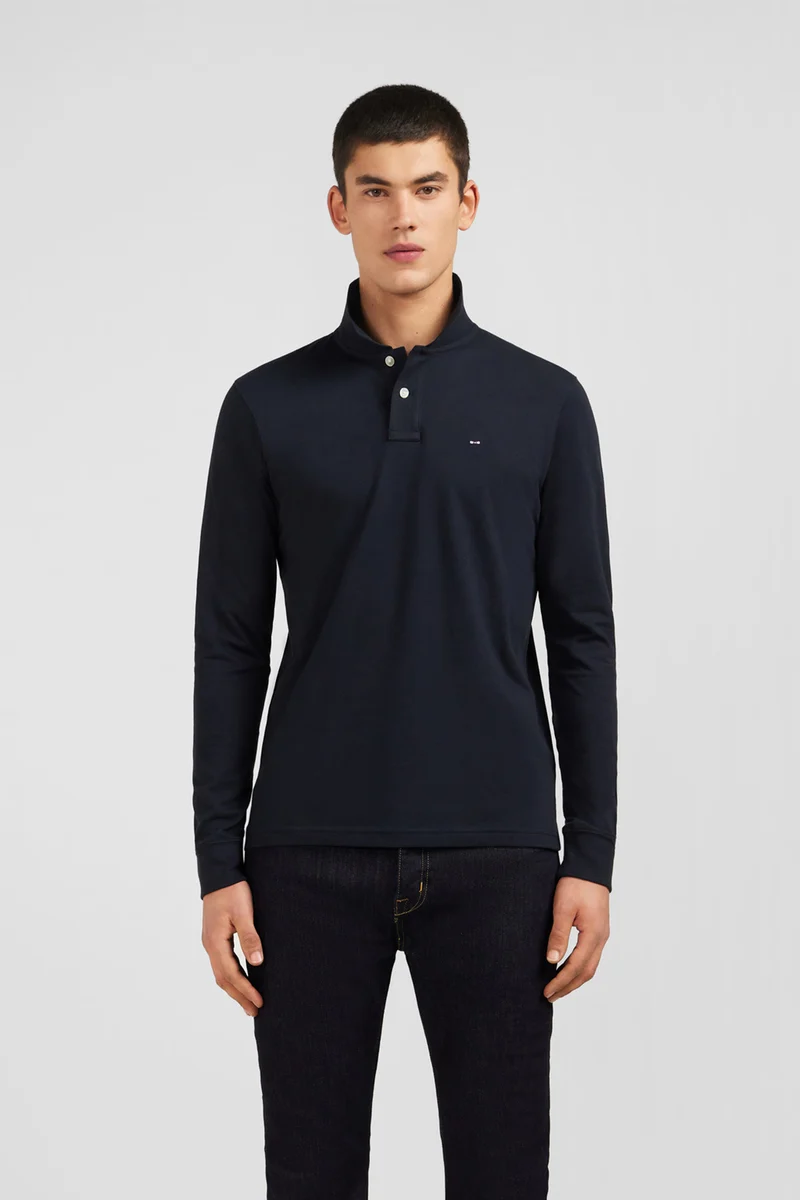 Polo manches longues noir uni en piqué de coton stretch