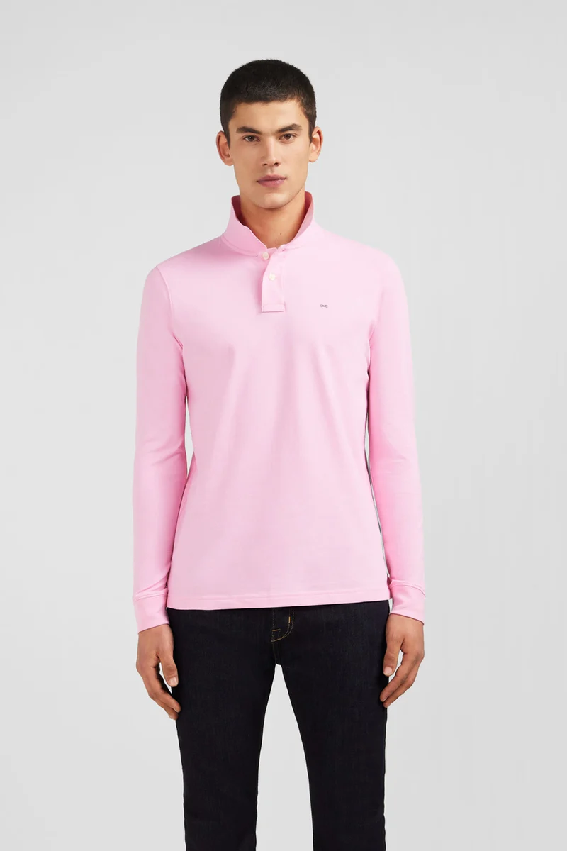 Polo manches longues rose uni en piqué de coton stretch
