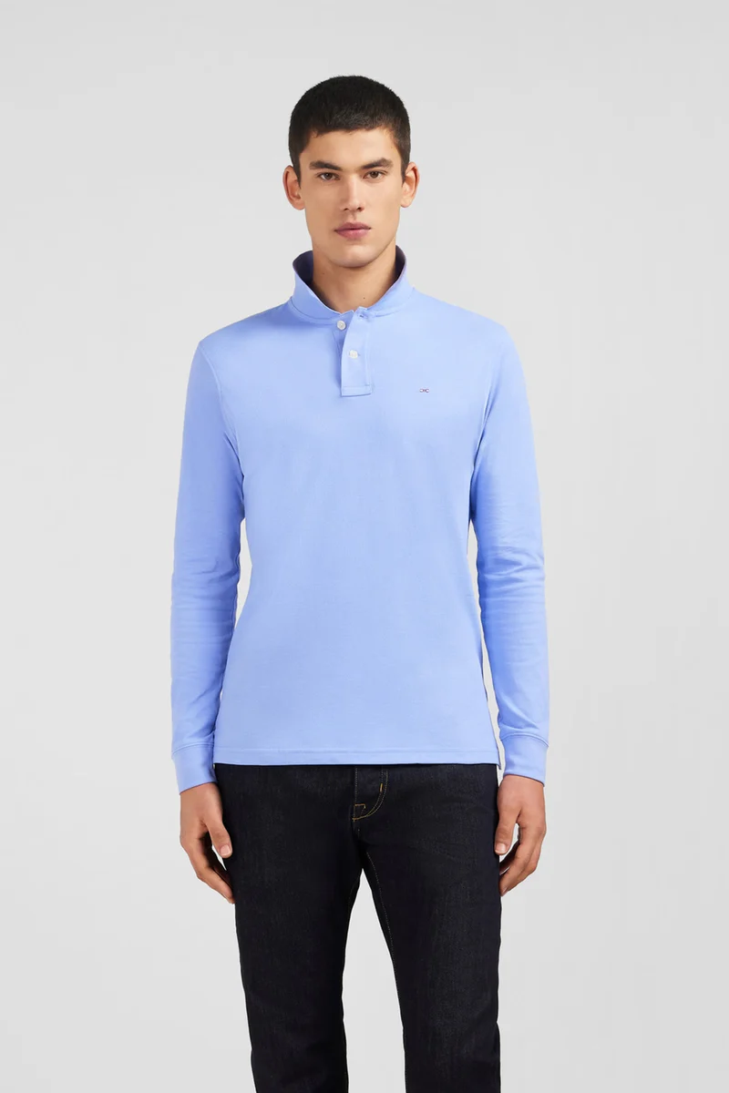 Polo manches longues bleu uni en piqué de coton stretch