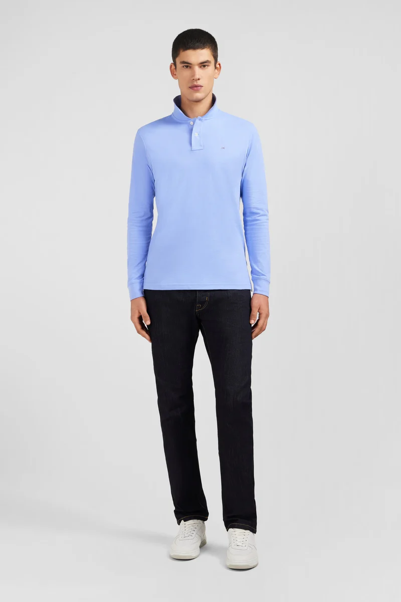 Polo manches longues bleu uni en piqué de coton stretch