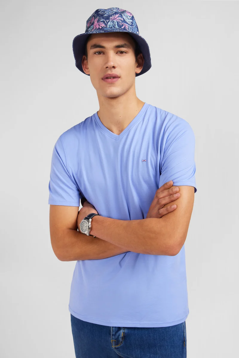 T-shirt bleu col V à manches courtes