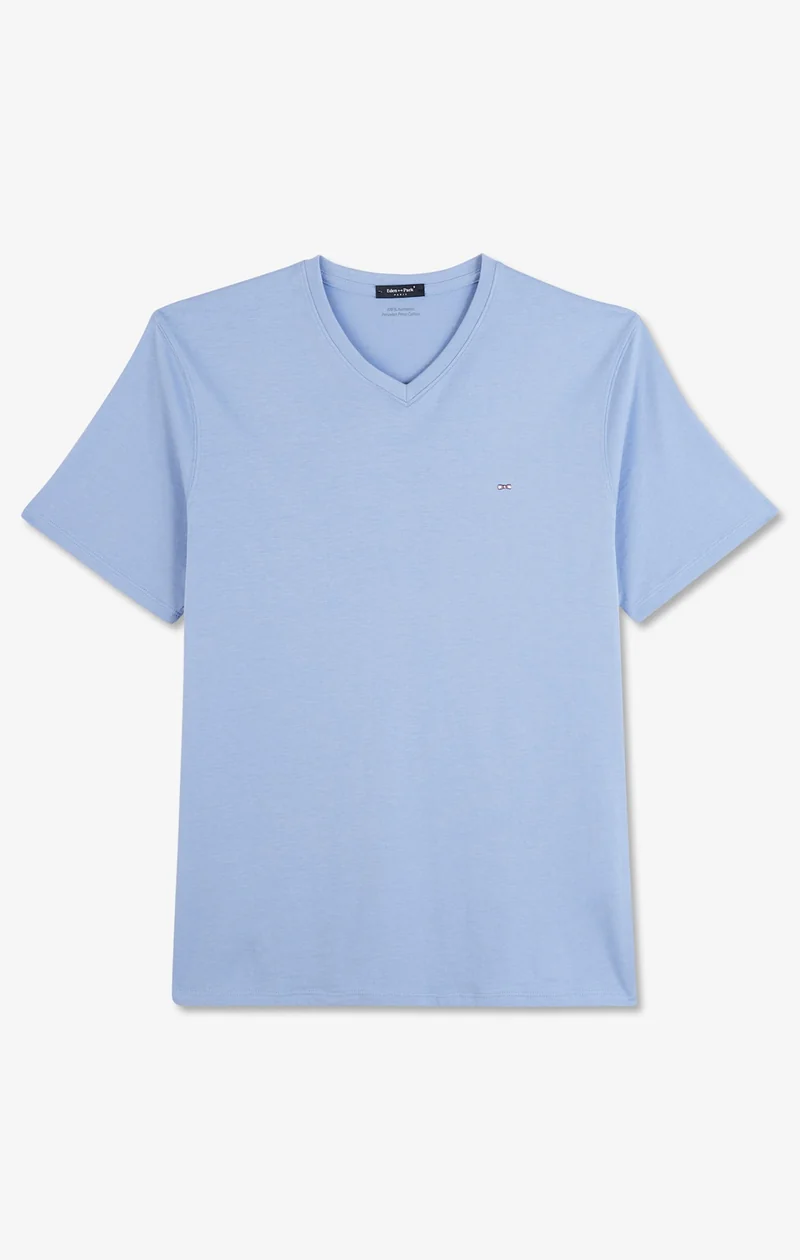 T-shirt bleu col V à manches courtes