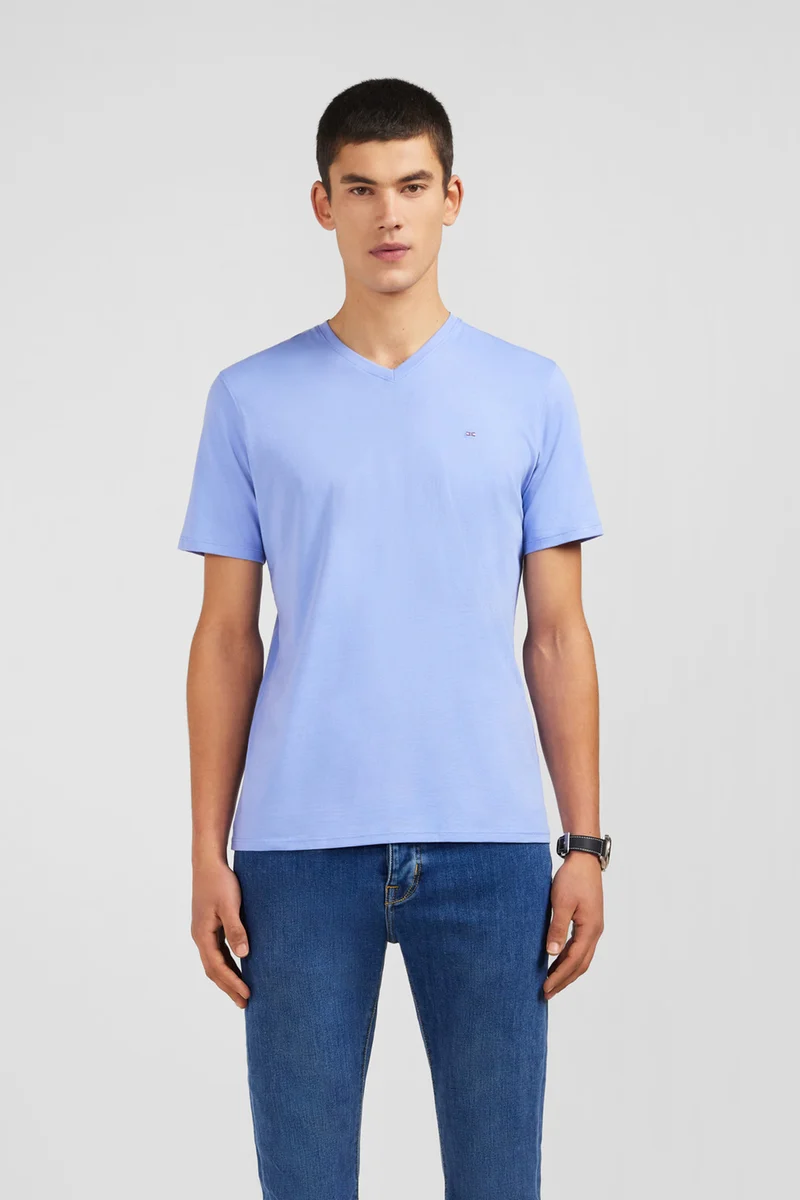 T-shirt bleu col V à manches courtes