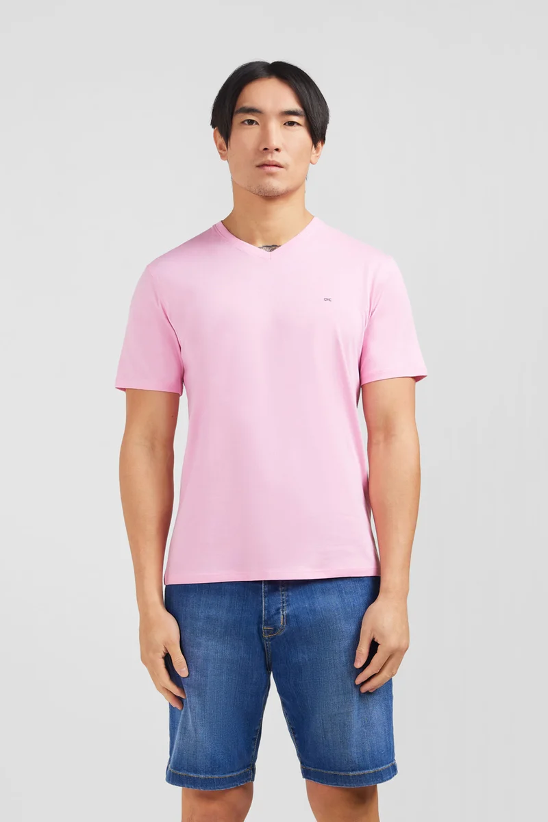 T-shirt rose col V à manches courtes