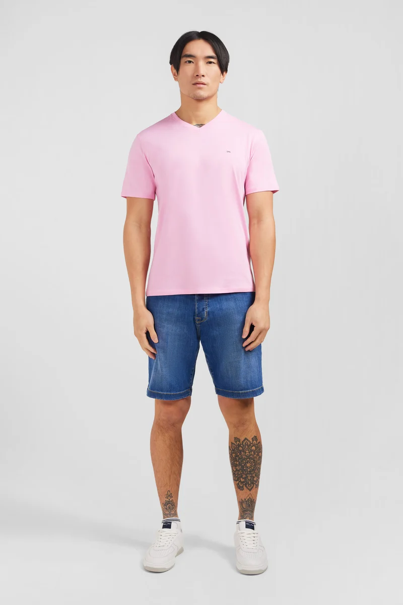 T-shirt rose col V à manches courtes