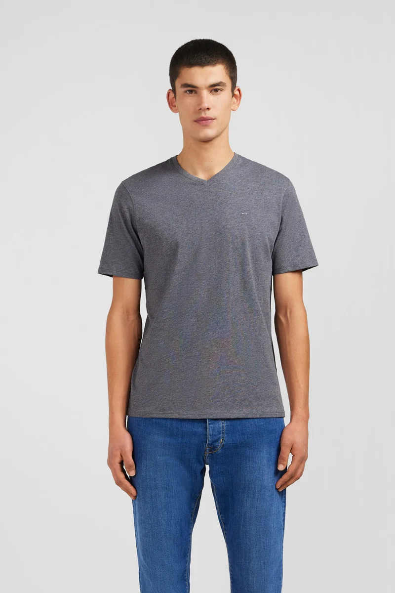T-shirt gris col V à manches courtes