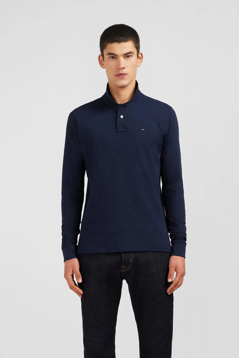 Polo manches longues bleu marine uni en piqué de coton stretch