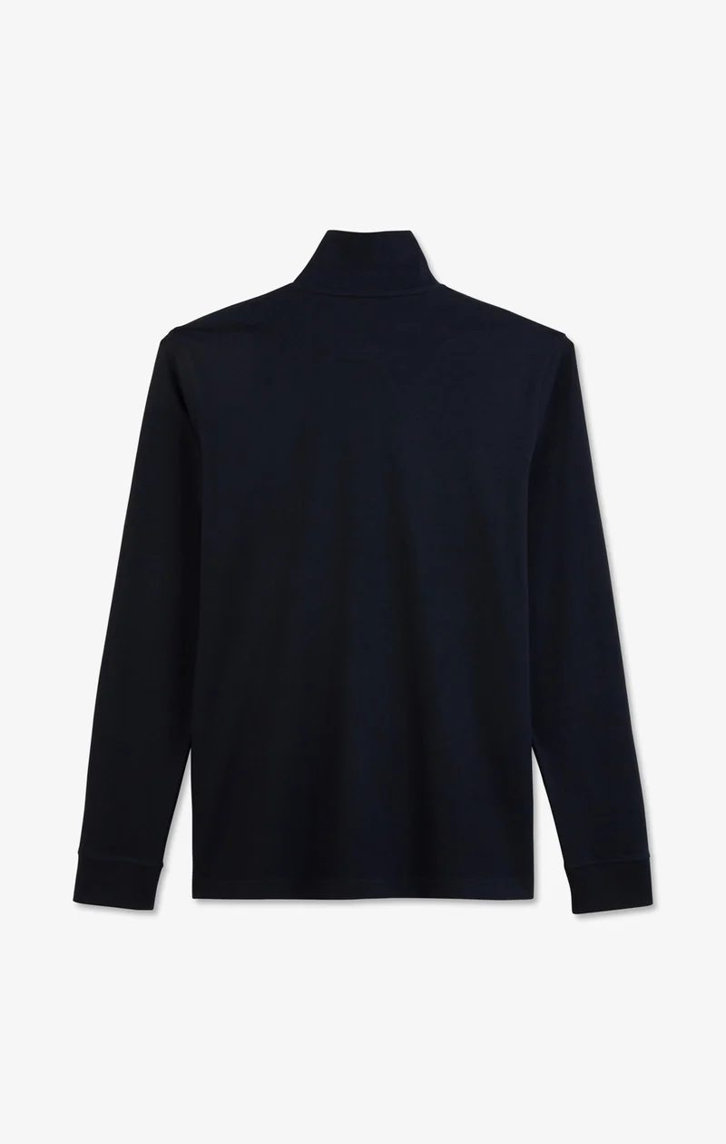 Polo manches longues bleu marine uni en piqué de coton stretch