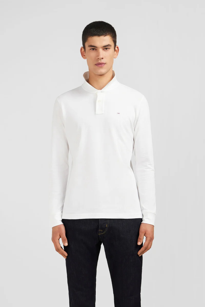 Polo manches longues blanc uni en piqué de coton stretch