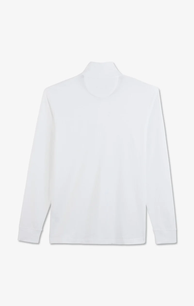 Polo manches longues blanc uni en piqué de coton stretch