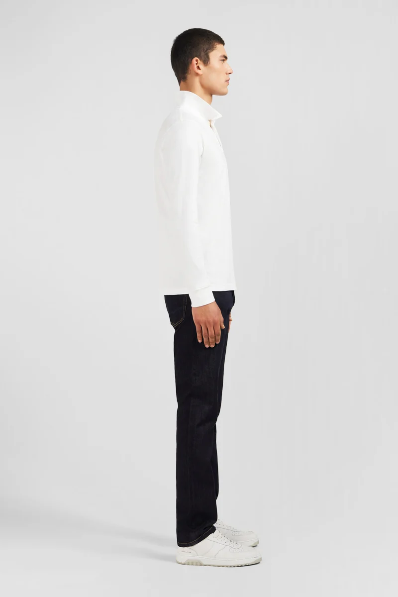 Polo manches longues blanc uni en piqué de coton stretch