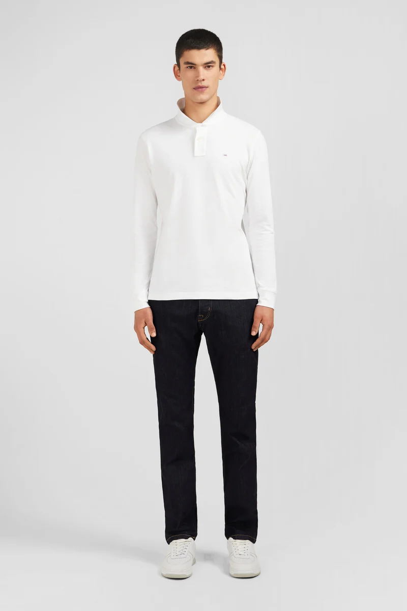 Polo manches longues blanc uni en piqué de coton stretch