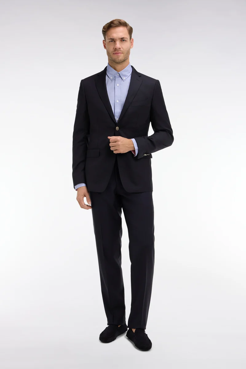 Pantalon regular bleu foncé en laine à plis cassés