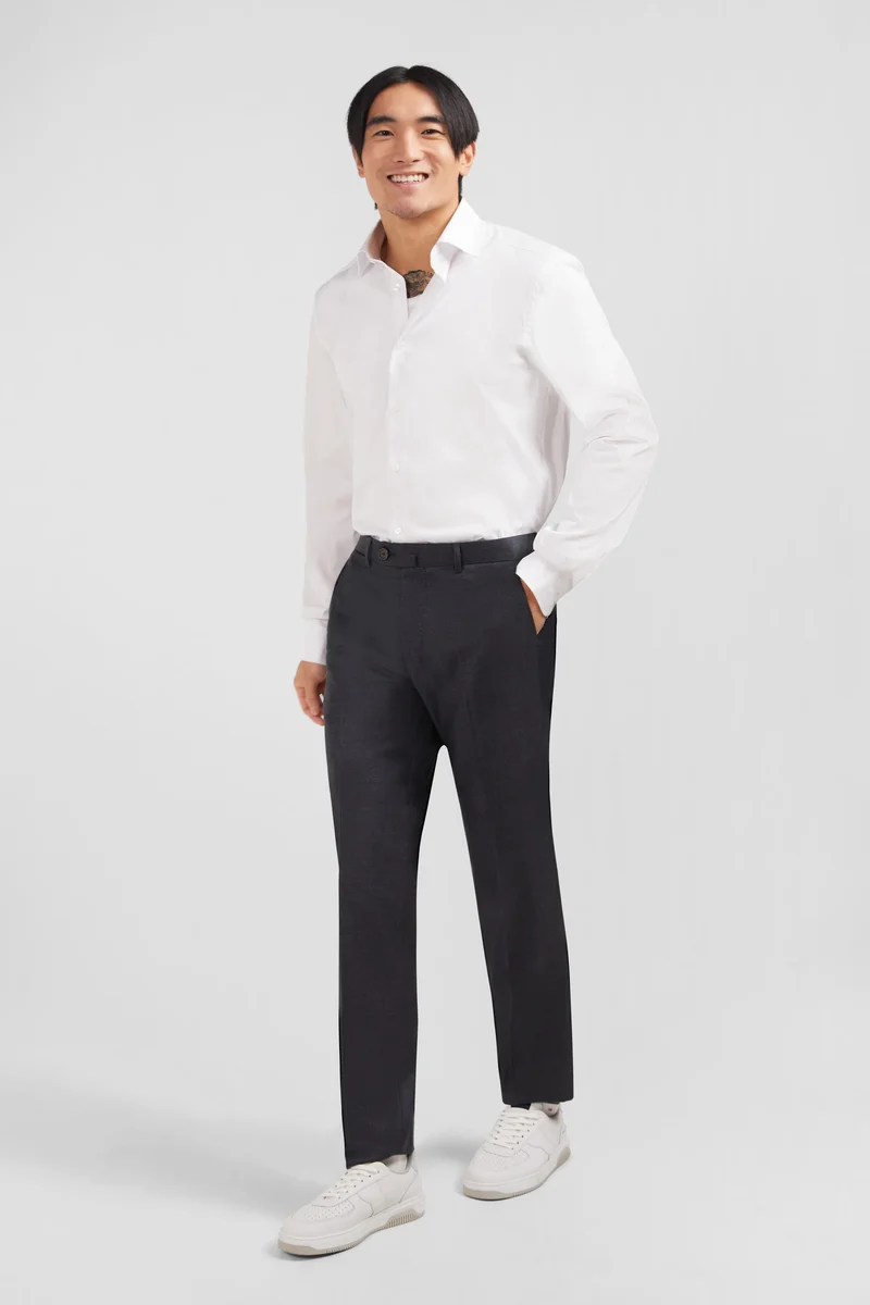 Pantalon regular gris en laine à plis cassés