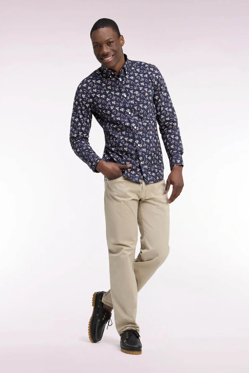 Pantalon 5 poches en toile de coton stretch beige coupe regular