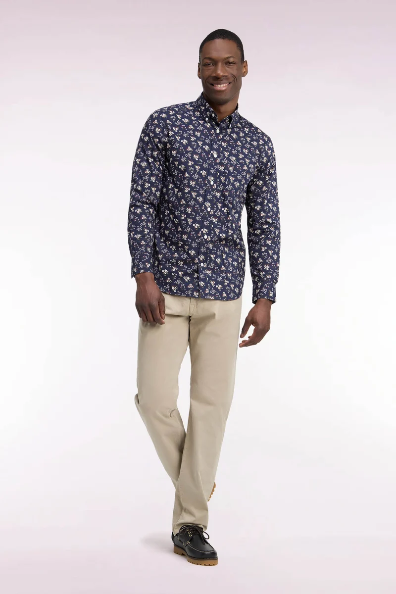 Pantalon 5 poches en toile de coton stretch beige coupe regular